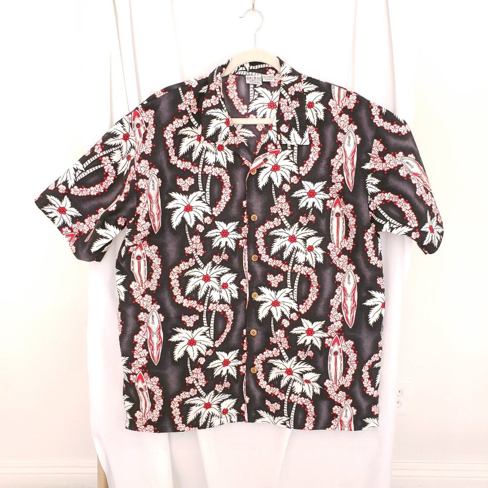 Anchor Blue Multicolor Palm Tree Surf Board Pattern Hawaiian Button Shirt XL